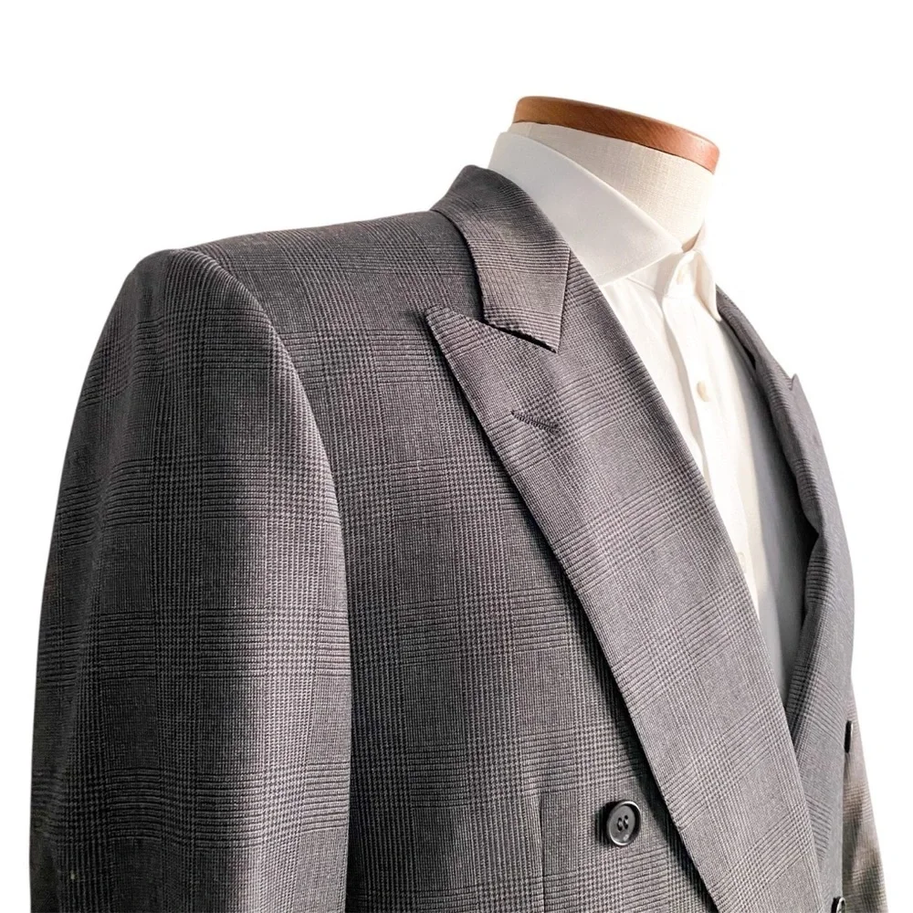 Canali Wool Gray Double Breasted Houndstooth Check Blazer Tuxedo Sport Coat 52S